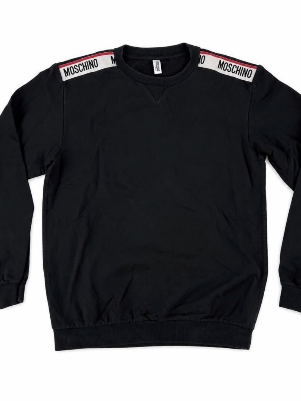 MOSCHINO Black Crewneck Sweatshirt with Logo Shoulder Tape